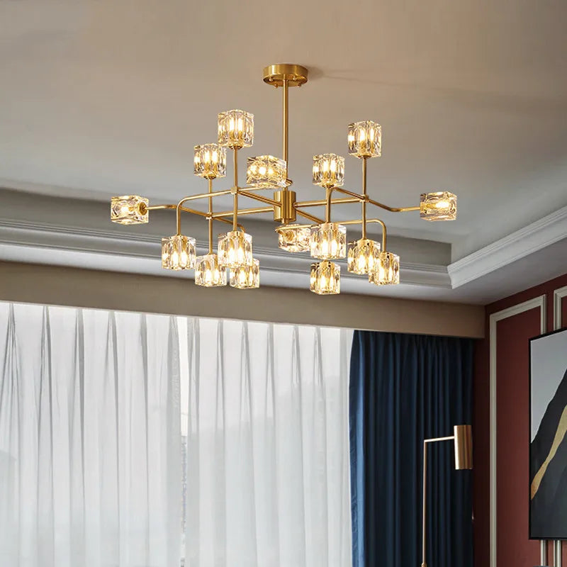 Afralia™ Square Crystal Chandelier Artistic Branches Luxury Gold Light Fixtures Living Room Kitchen Lighting