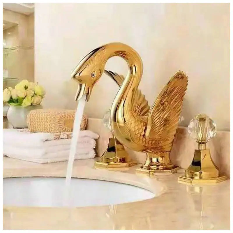 Afralia™ Swan Style Dual Handle Basin Faucet - Golden Widespread Bathroom Mixer Tap