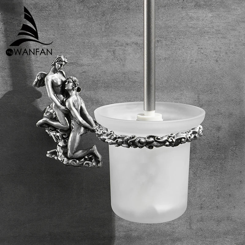 Afralia™ Gold/Silver Romantic Toilet Brush Holder Set with Glass Cup & Brass Handle