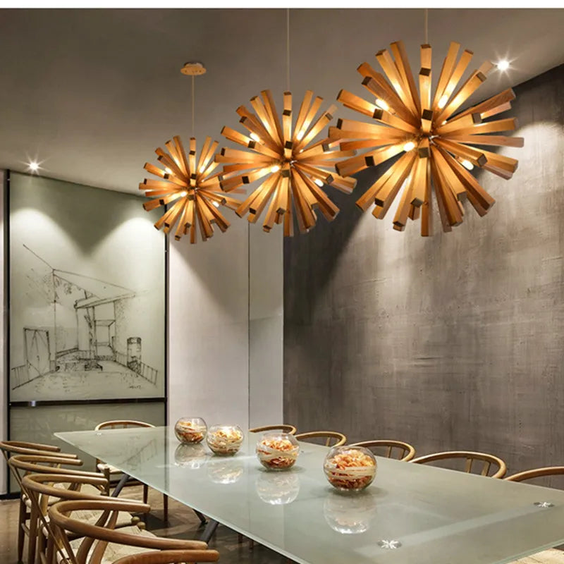 Afralia™ Nordic Dandelion Wooden Pendant Lights for Tea Room Dining Living, Artistic Personality Lamp