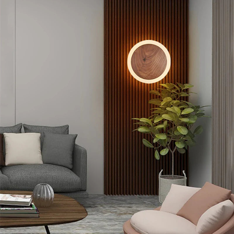 Afralia™ Walnut Round Solid Wood LED Wall Light for Bedroom Living Room Kitchen