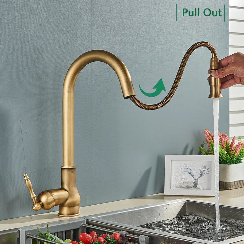 Afralia™ Antique Brass Kitchen Faucet Pull Out Spout Black Swivel Mixer Tap