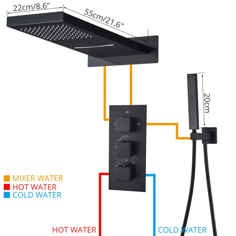 Afralia™ Black Thermostatic Waterfall Rainfall Shower Faucet with Handshower