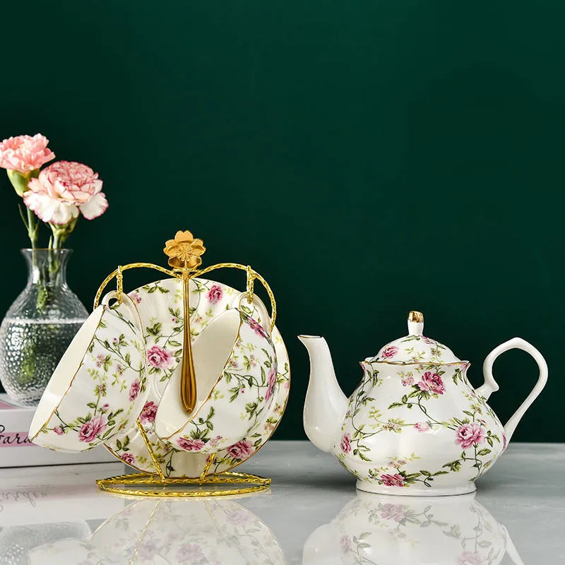 Afralia™ Luxury Bone China Tea Set with Teapot, Cups, and Saucers