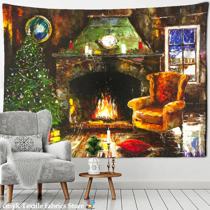 Afralia™ Christmas Fireplace Tapestry Wall Hanging Home Decor
