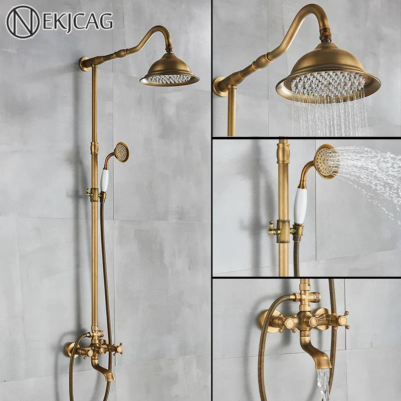 Afralia™ Antique Brass Shower Faucet with Ceramics Hand Spray and 8'' Rainfall Head