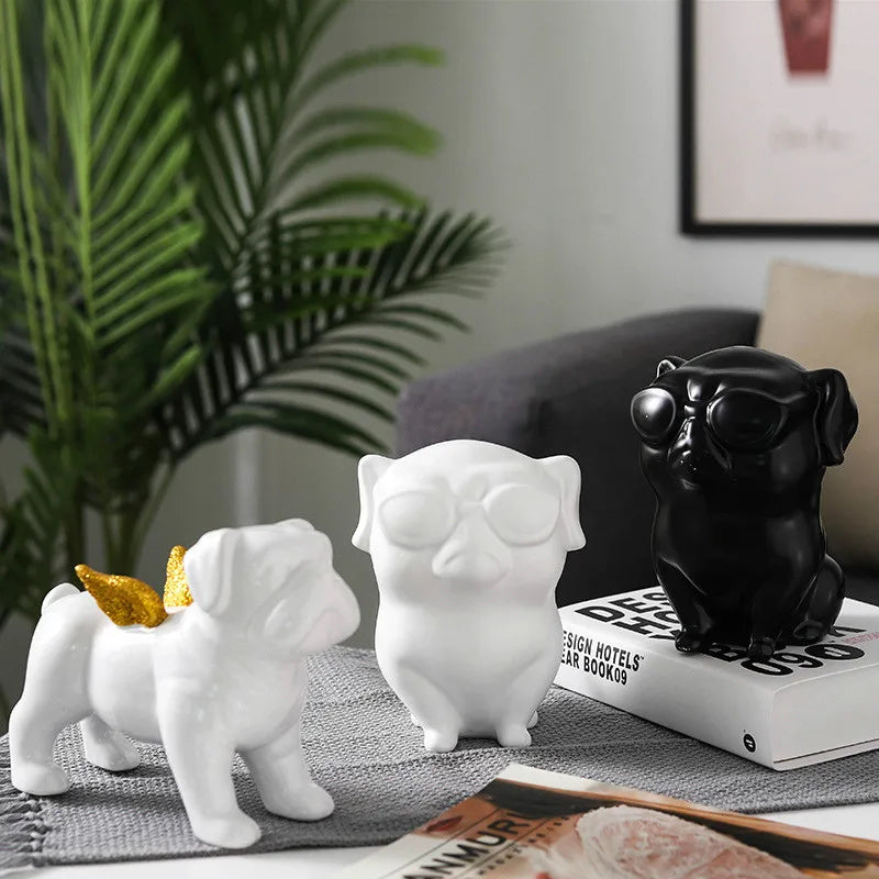 Afralia™ Nordic Black Bulldog with Wings Ceramic Sculpture for Home Office Decor