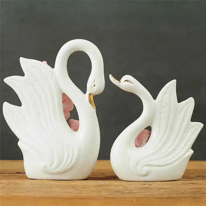 Afralia™ Elegant Swan Sculpture Figurines Pair for Home Décor & Wedding Gift