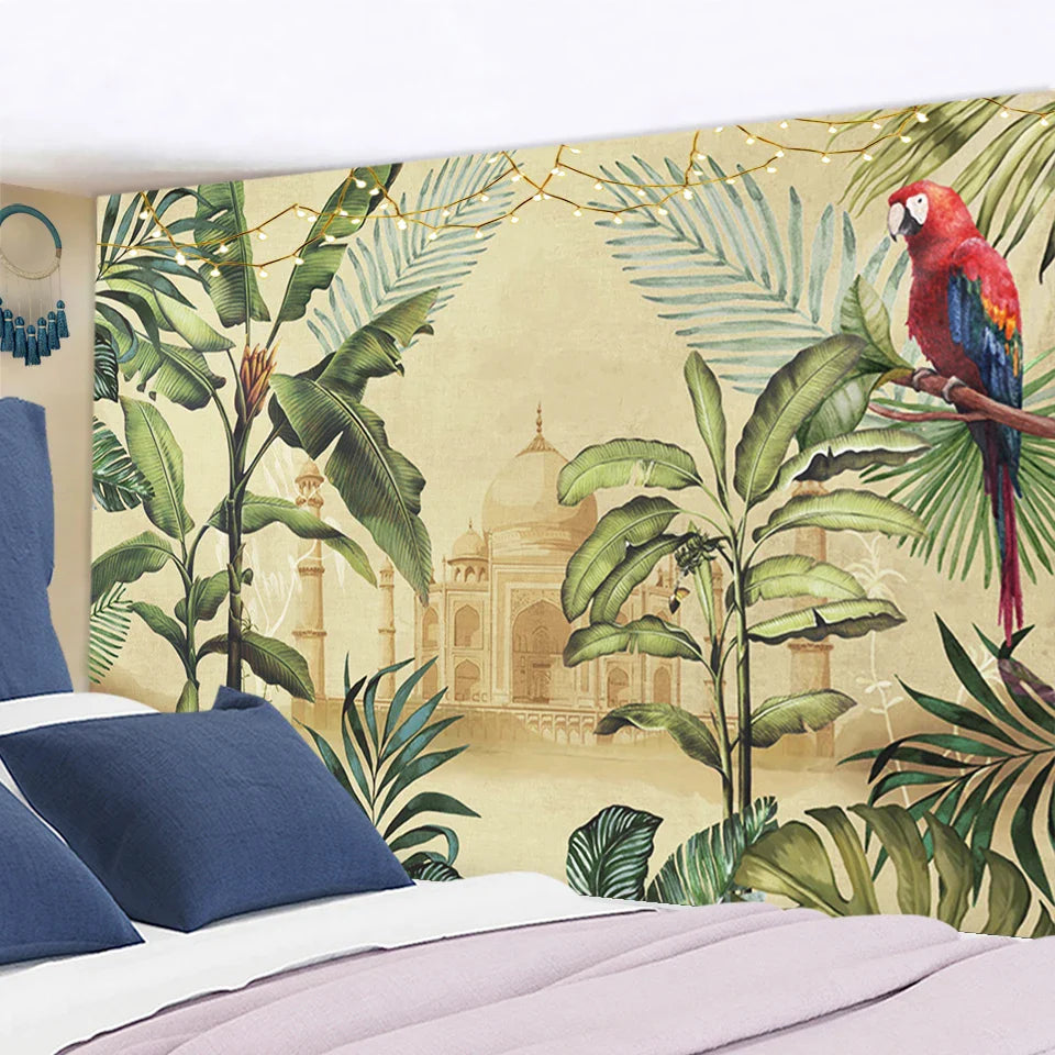 Afralia™ Tropical Palm Parrot Tapestry Wall Hanging - Beach Wall Cloth Carpet