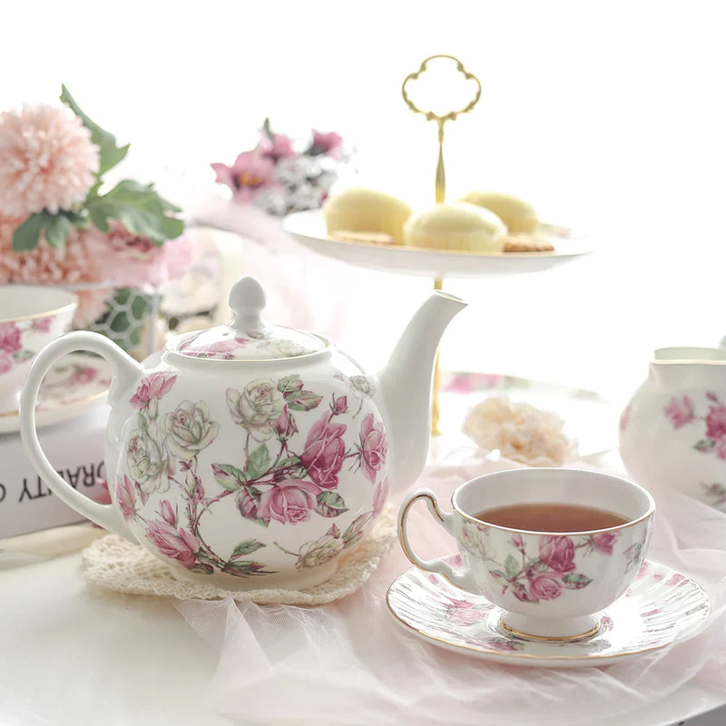 Afralia™ Royal Rose Tea Set: Teapot, Teacup, Saucer, Creamer, Sugar Bowl, Plate