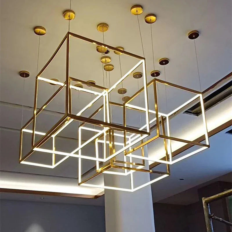 Afralia™ Luxury Golden Square LED Chandelier | Modern Art Design for Living Room Lobby