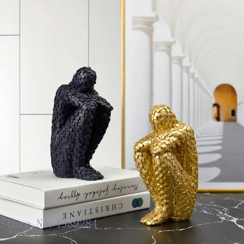 Afralia™ Golden Man Thinker Abstract Sculpture Statue for Home Decor