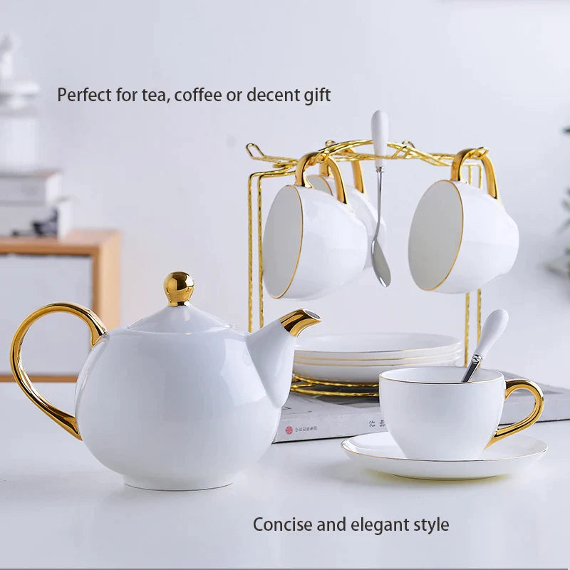 Afralia™ Elegant Bone China Tea Set | Porcelain Teacup & Teapot Set White Gold