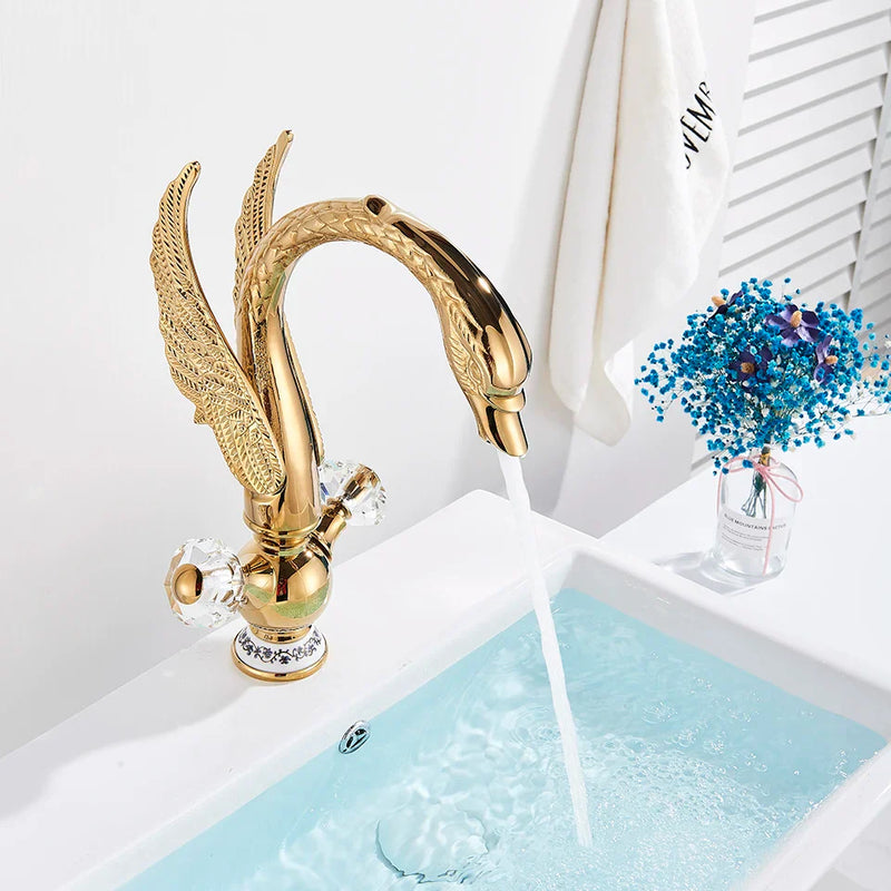 Afralia™ Gold Swan Basin Faucet: Deck Mounted Bathroom Mixer Tap with Hot and Cold Water