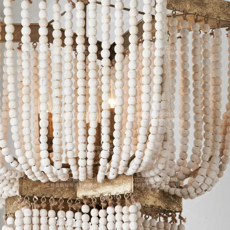 Afralia™ Wood Beaded Chandelier Fringe Lighting Vintage Nordic Antique Large Kitchen Farmhouse