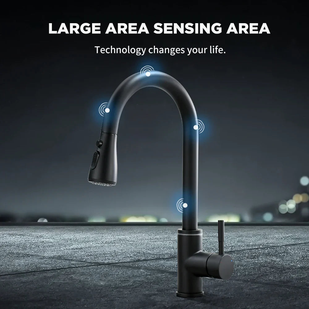 Afralia™ Smart Touch Black LED Kitchen Faucet Rotate Sink Mixer Tap