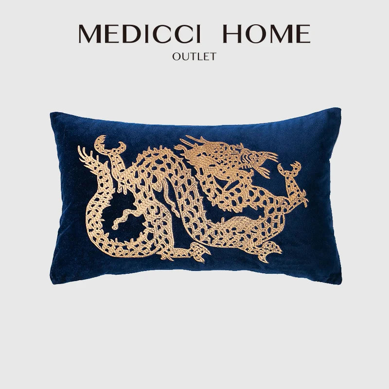 Afralia™ Chinese Dragon Embroidery Lumbar Pillow Cover Gold