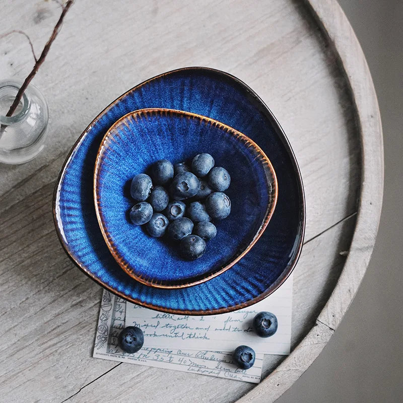 Afralia™ Ceramic Blue Glaze Tableware Plate Bowl Set - Eco-Friendly Porcelain, Solid Design