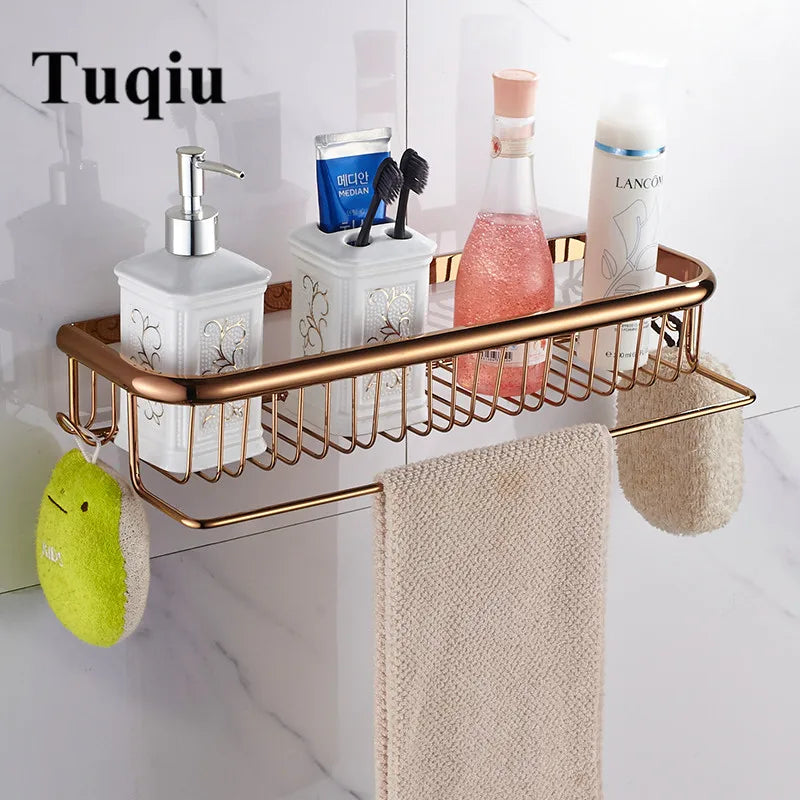 Afralia™ Gold Brass Bathroom Shelf with Towel Hanger, Shampoo Holder, and Basket