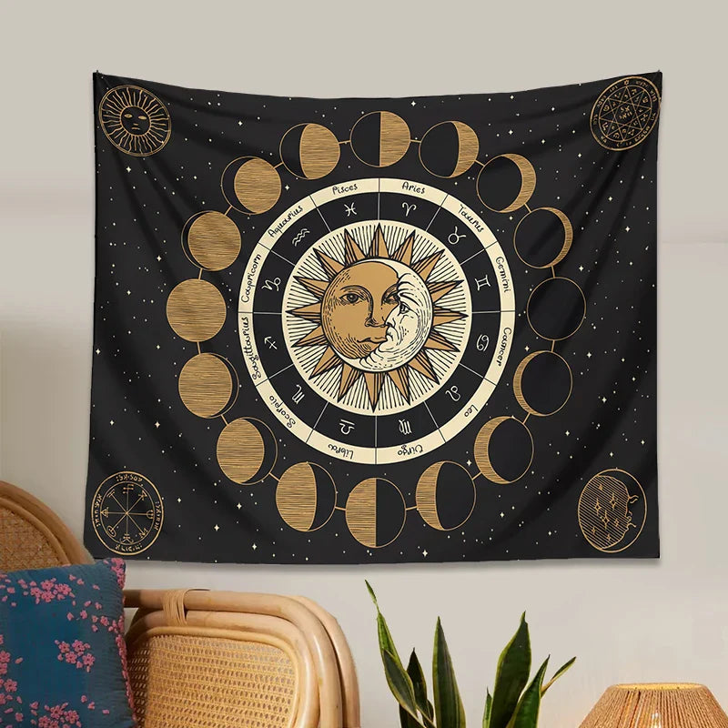 Afralia™ Astrology Wheel Tapestry Moon Phase Sun and Moon Starry Sky Home Decor