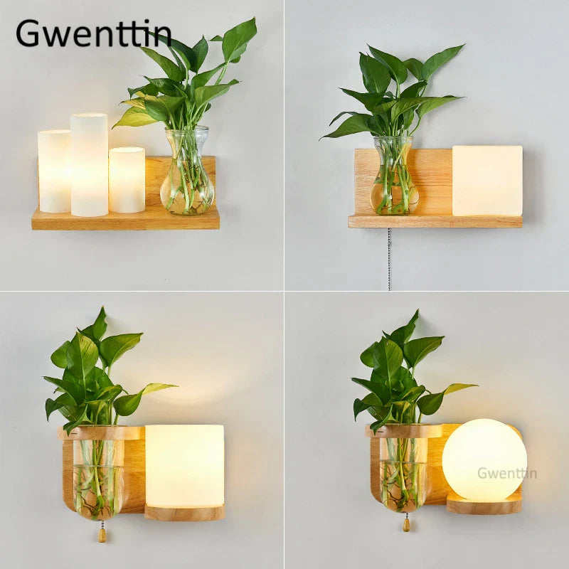 Afralia™ Nordic Wood Glass Wall Lamp LED DIY Plant Sconce Modern Luminaire