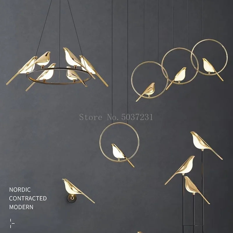Afralia™ Modern Golden Bird LED Chandelier: 360 Degree Parlor Bar Bedside Hanging Light