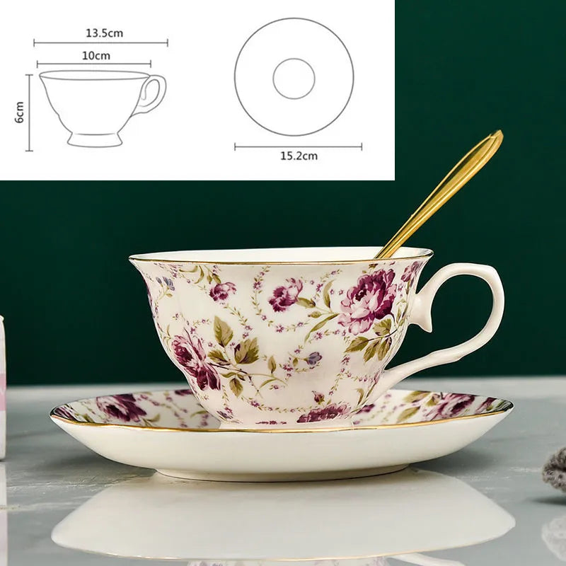 Afralia™ Flower Ceramic Coffee Cup and Saucer Set, British-Style Afternoon Tea Mug, 200ml