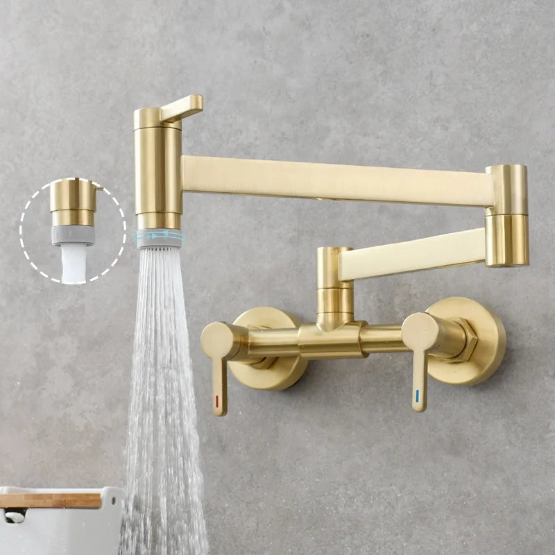 Afralia™ Brushed Gold Brass Wall-Mounted Kitchen Faucet with Foldable Spout