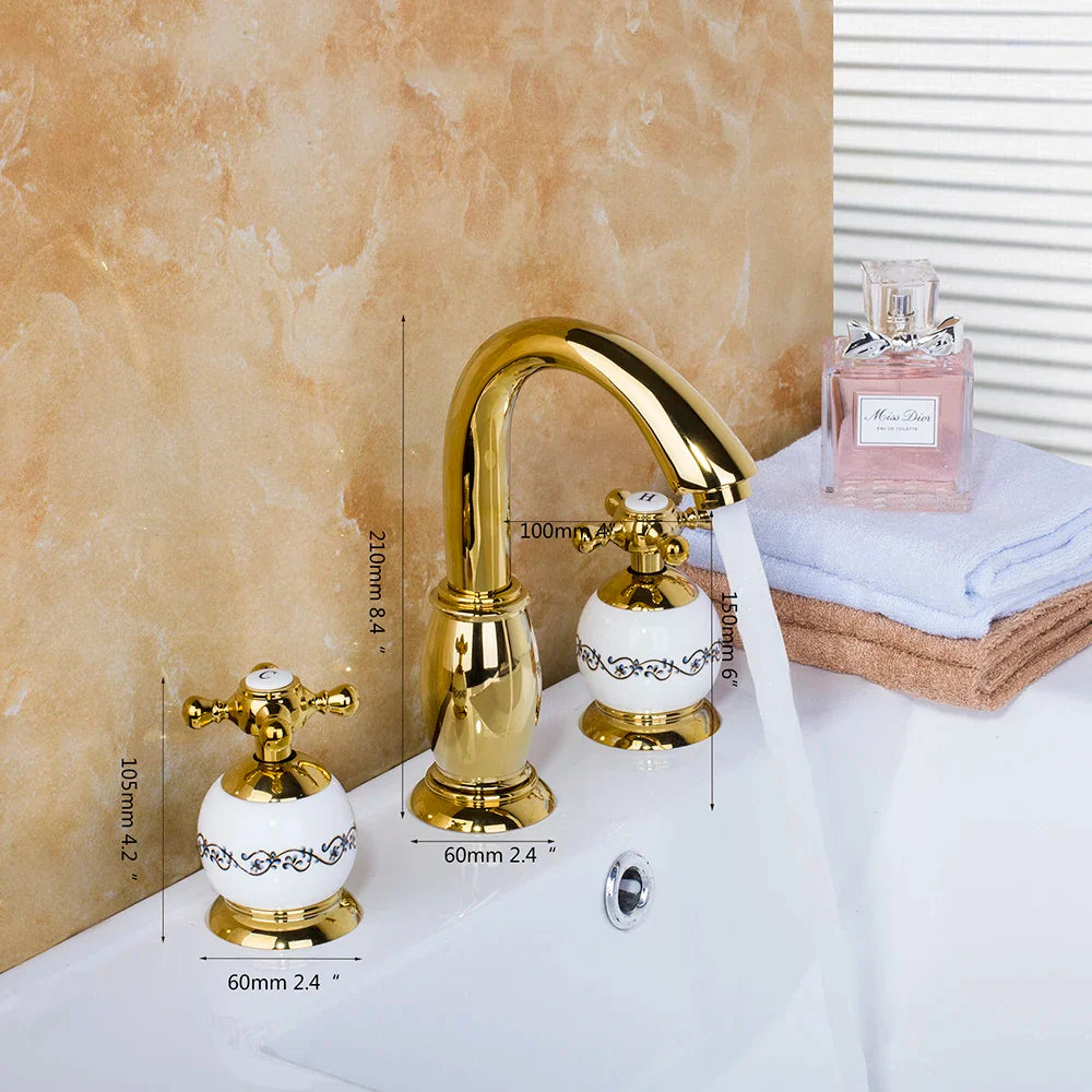 Afralia™ Golden Plated Bathroom Faucet Set with Ceramic Cross Handles