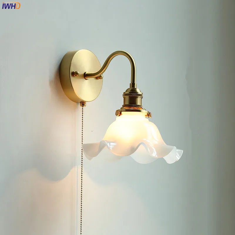 Afralia™ White Glass LED Wall Light with Pull Chain Switch for Bedroom Bathroom Mirror