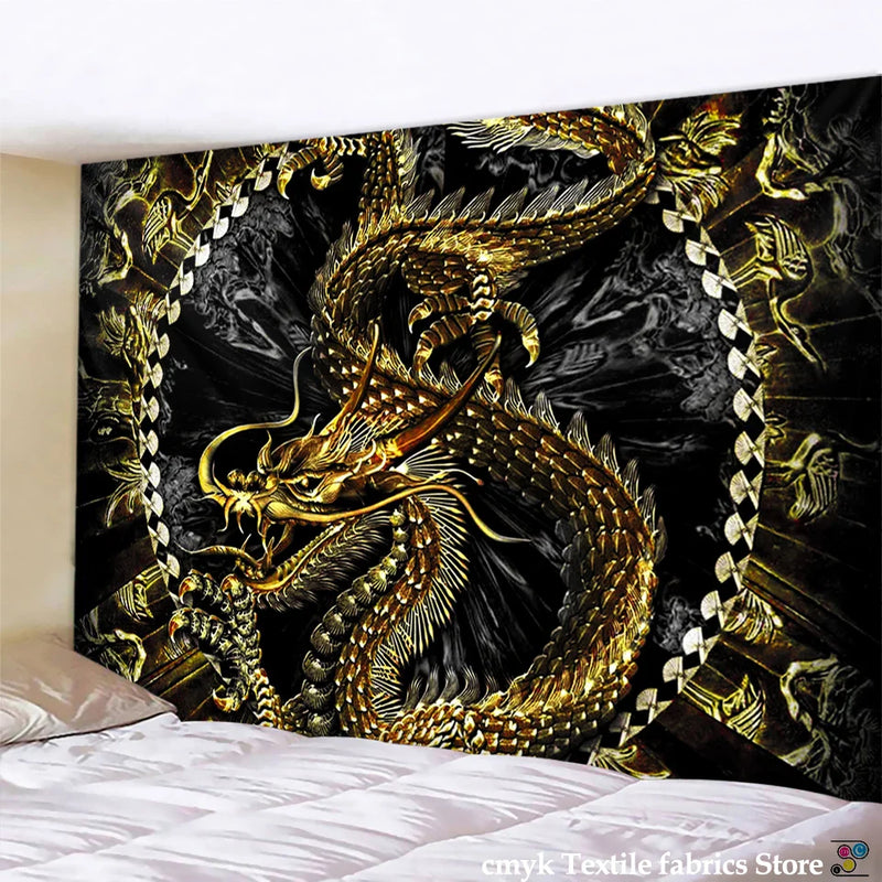 Afralia™ Chinese Dragon Castle Totem Tapestry Wall Hanging Beach Mat Tapis Decor