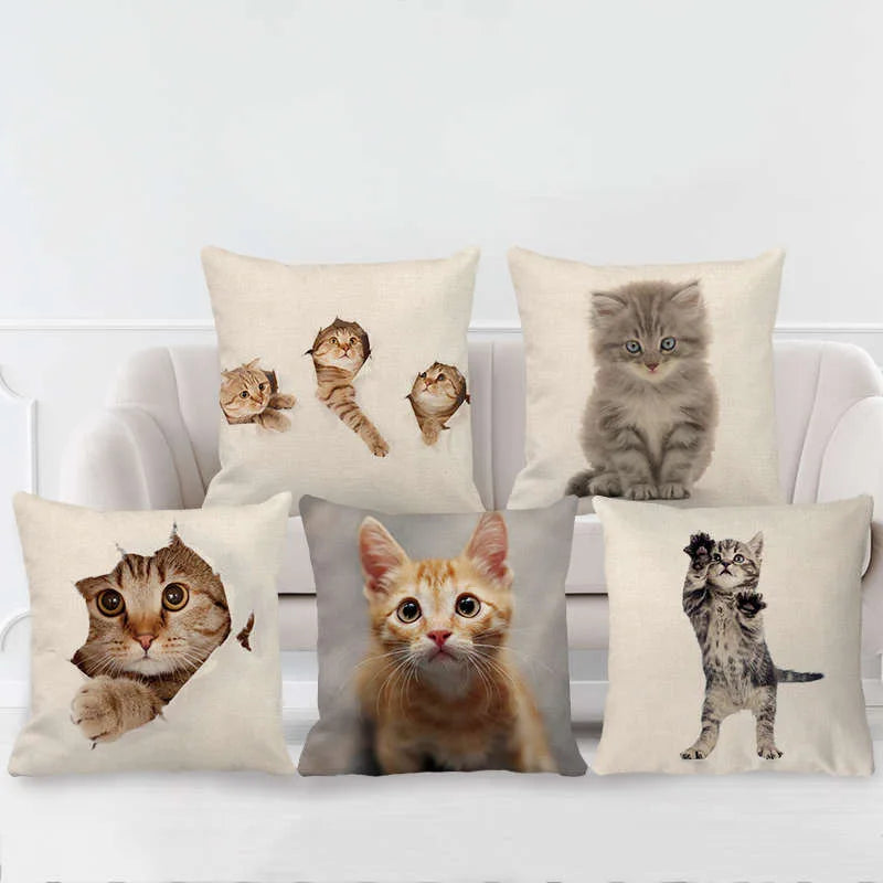 Afralia™ Cute Cat Face Decorative Cushion Cover Soft Linen Pillow for Home Sofa