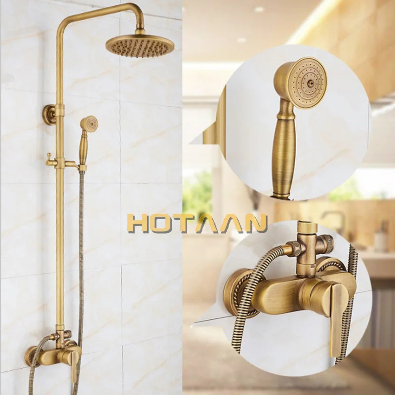 Afralia™ Antique Brass Shower Faucet Set with Rainfall Mixer Valve, 8" Head, Hand Shower