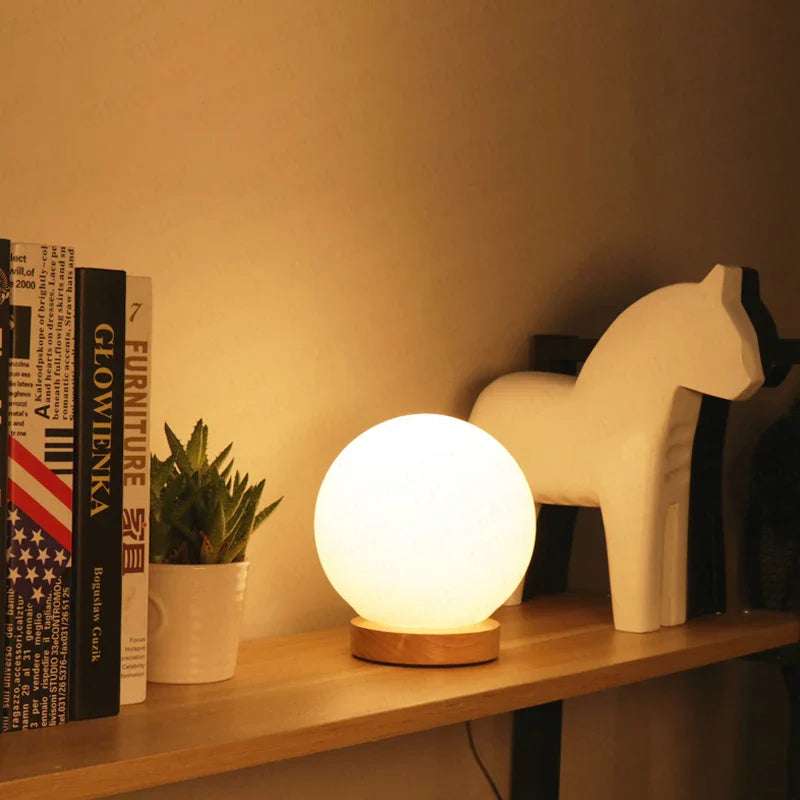 Afralia™ Glass Ball LED Table Lamp Wooden Round Desk Night Light