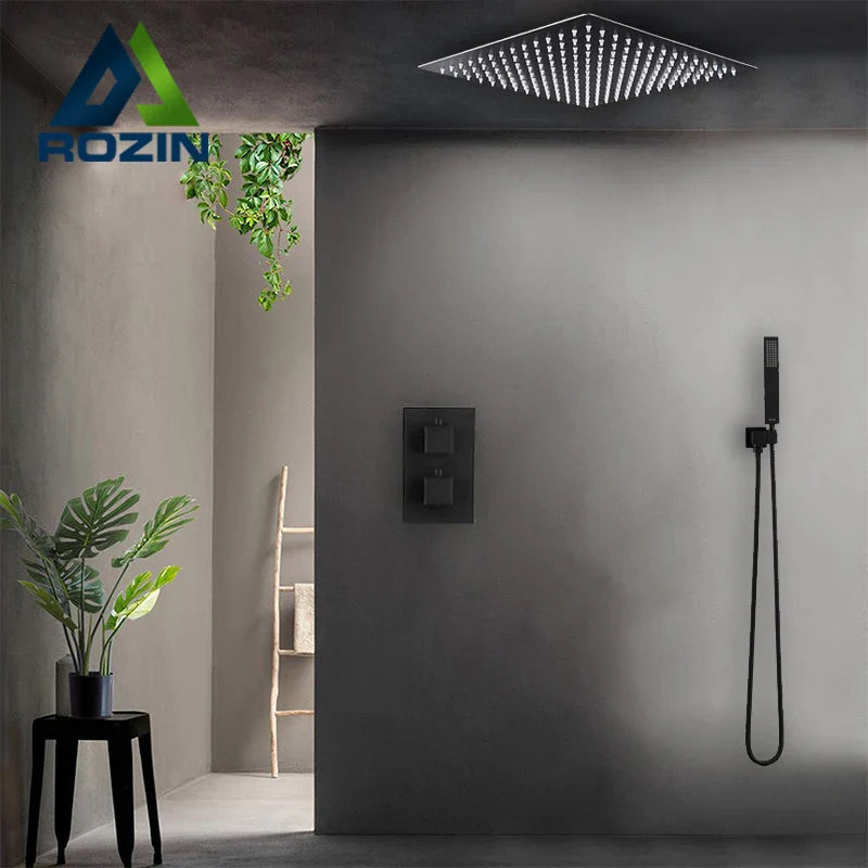 Afralia™ Thermostatic Black Brass Concealed Shower Faucet, Rainfall Bathroom Mixer Tap