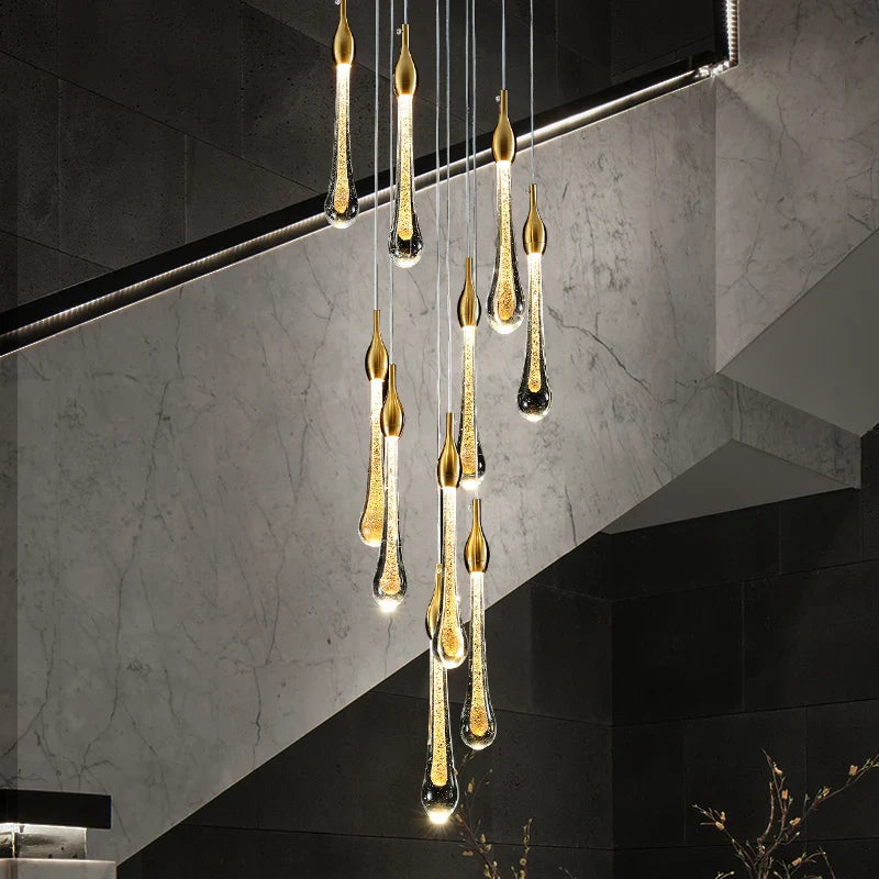 Afralia™ Water Drop LED Gold Chandelier for High Ceiling, Staircase Lighting