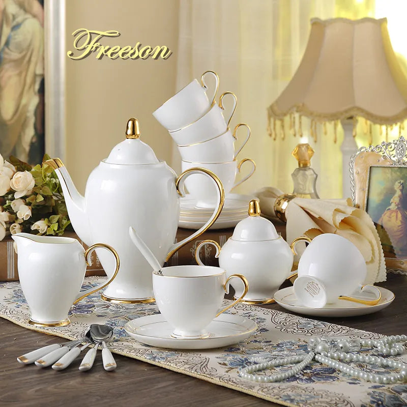 Afralia™ Bone China Coffee Set White Gold Porcelain Tea Set Advanced Pot Cup