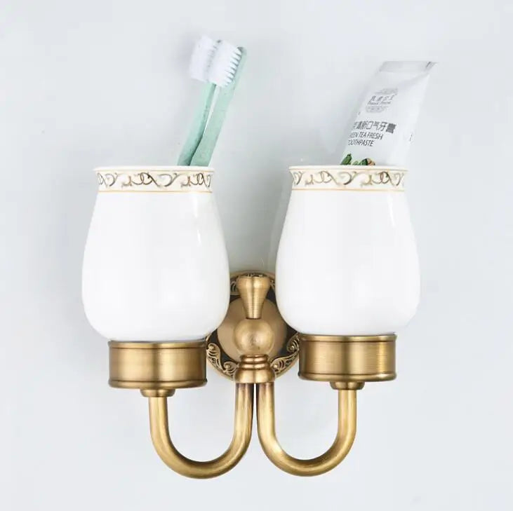 Afralia™ Brass Double Cup Holder with Glass Tumbler - Bathroom Toothbrush Cup Holder