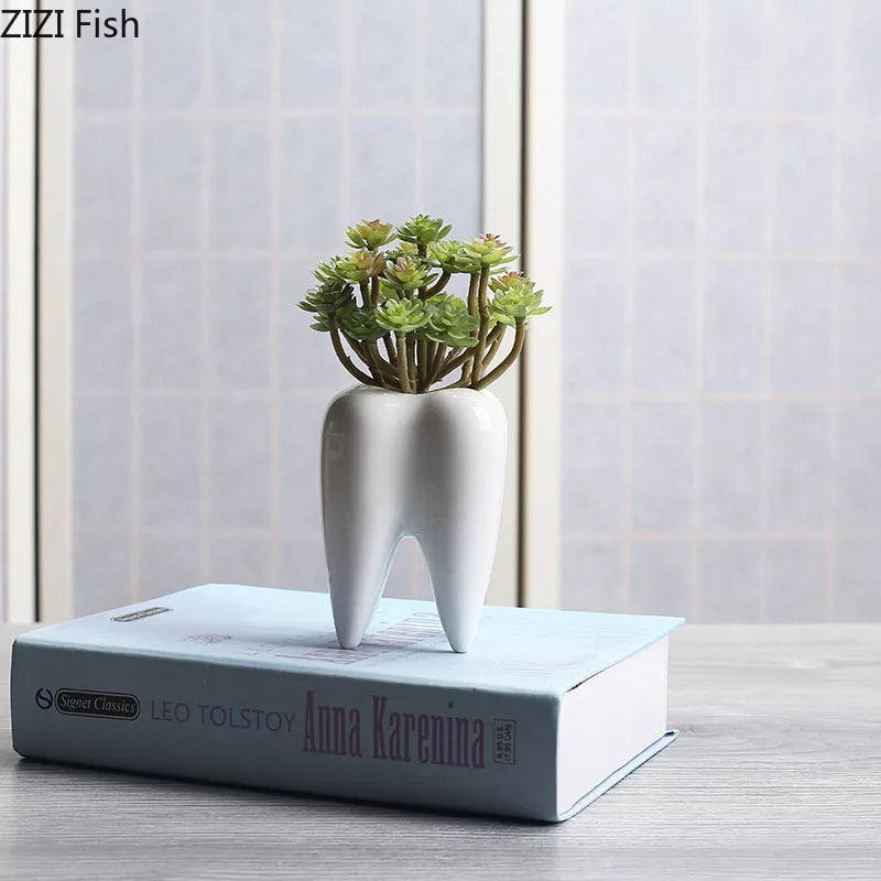 Afralia™ Ceramic Tooth Flowerpot: Cute Cartoon Handicraft Decoration Home Accessory