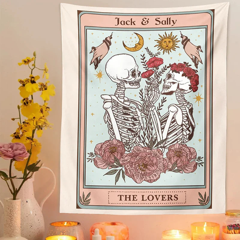 Afralia™ Skull Flower Skeleton Tapestry Lovers Wall Hanging Esoteric Home Decor