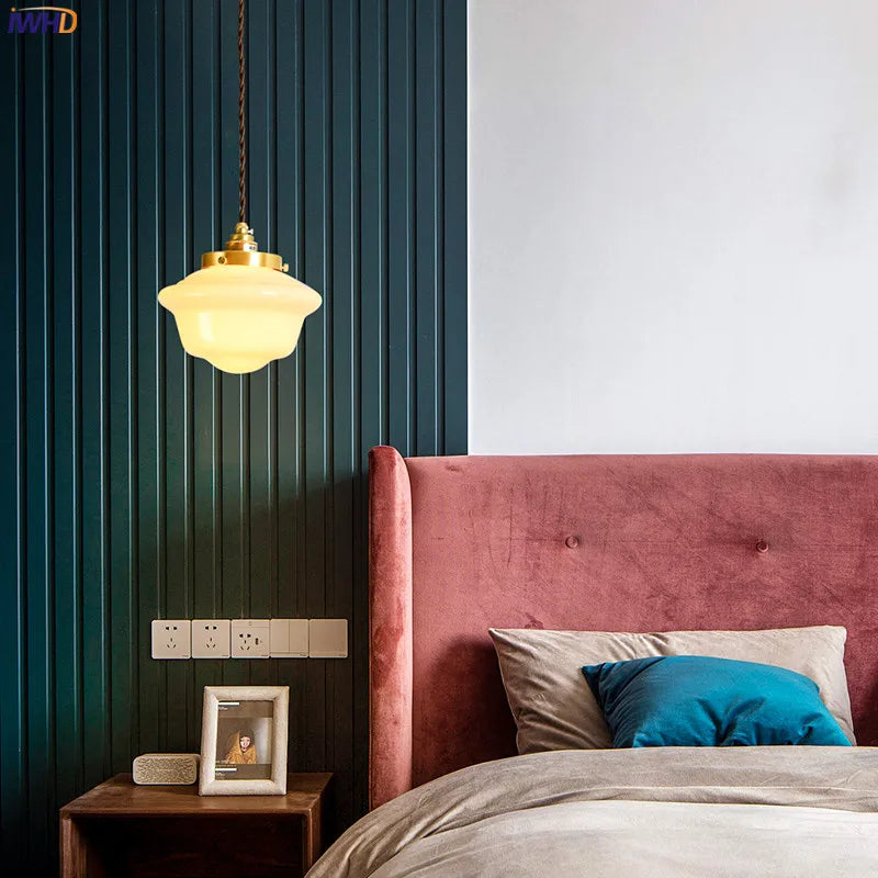 Afralia™ White Glass LED Pendant Light: Japanese Nordic Style Copper Hanging Lamp