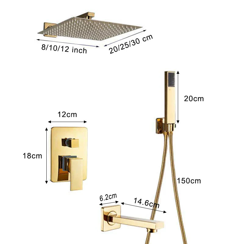 Afralia™ Square Rainfall Shower Faucet Set - Wall Mount Concealed Mixer Bathtub Tap