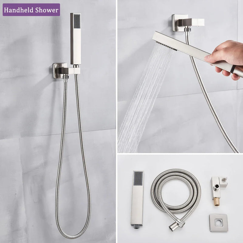 Afralia™ Square Rainfall Shower Faucet Set, Dual Handle, Ceiling Mounted, Gold Finish