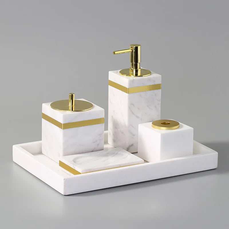 Afralia™ Volakas White Marble Bathroom Set Luxury Bath Accessories Gold Accents