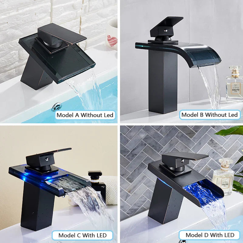 Afralia™ LED Waterfall Bathroom Sink Faucet Black Bronze Single Handle Deck Mount