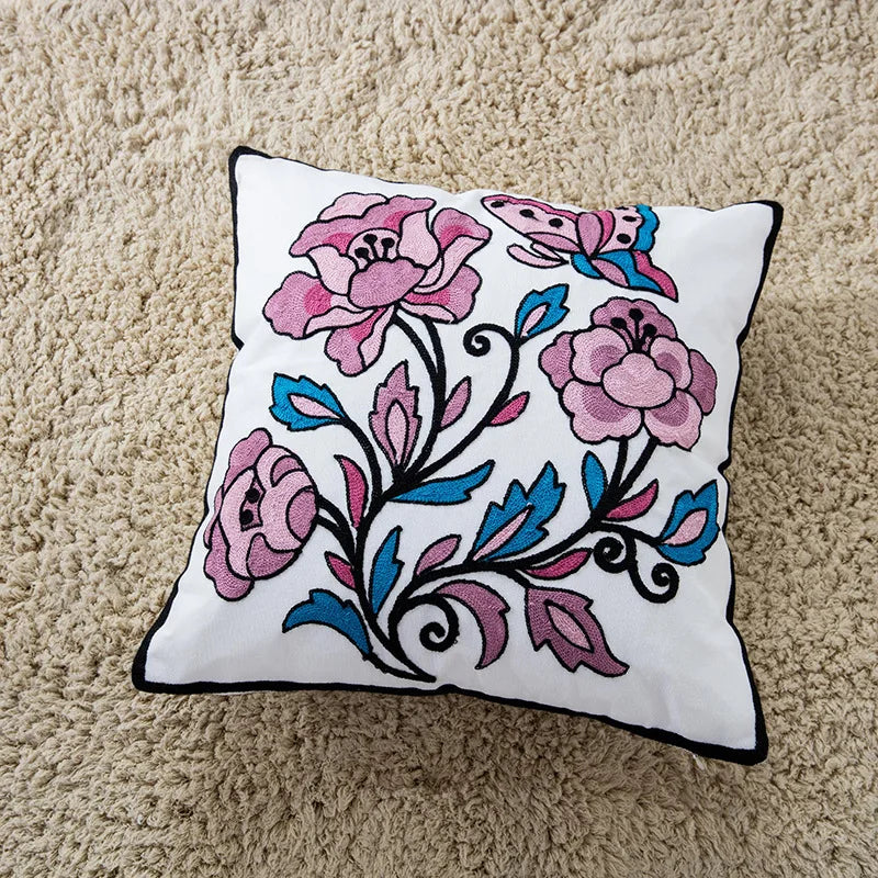 Afralia™ Floral Embroidered Thread Cushion Cover 45*45cm - Home Decor Cotton Boho Pillowcase