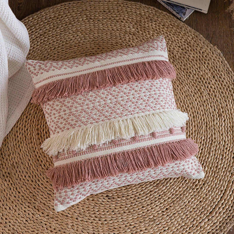 Afralia™ Navy Pink Boho Cotton Woven Tassel Pillow Cover 45x45cm