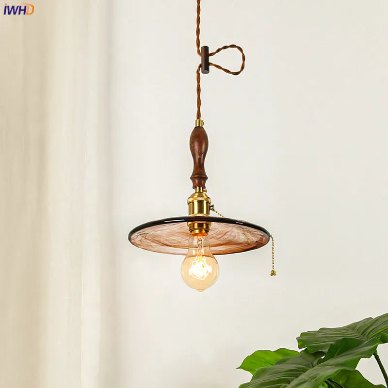 Afralia™ Nordic Wooden Glass Pendant Lights | Bedroom Living Room Copper Vintage Lamp