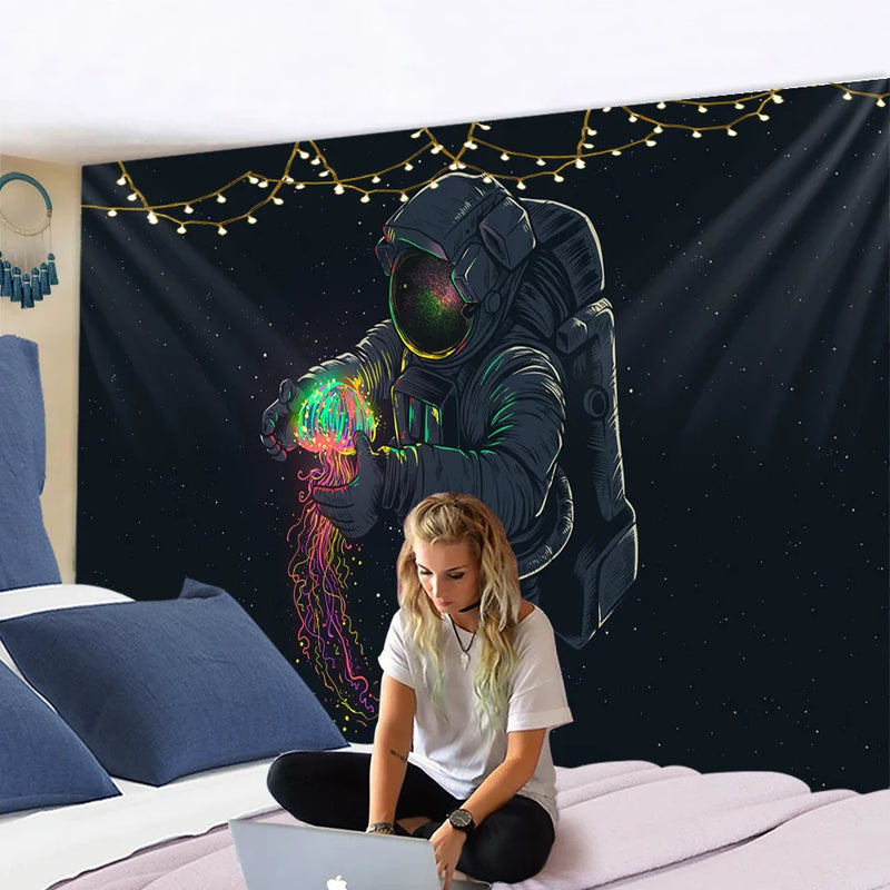 Afralia™ Jellyfish Interstellar Sky Tapestry Wall Hanging: Astronaut Design for Boho Dorm Decor