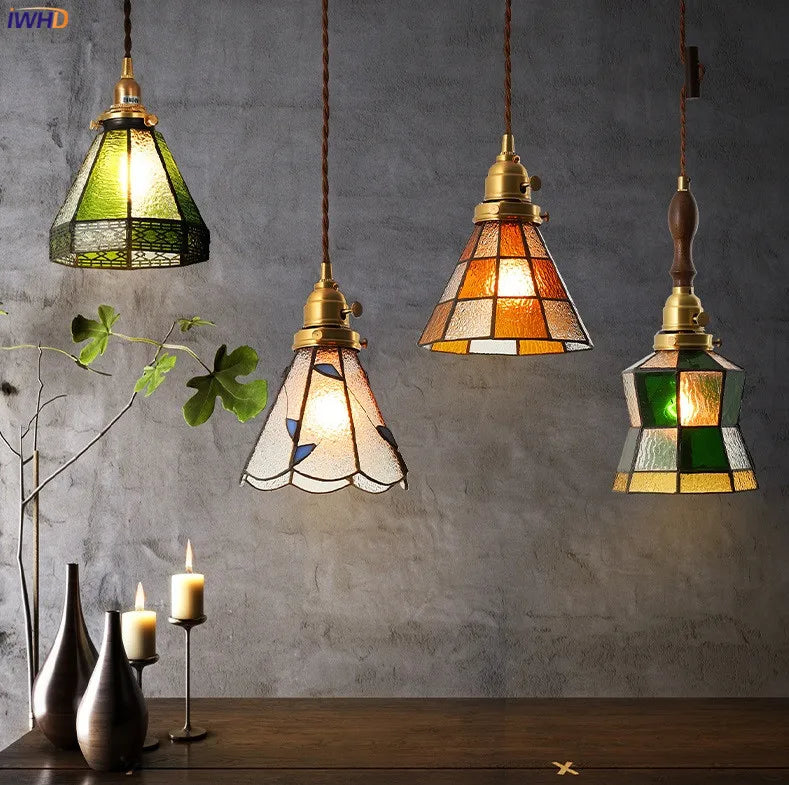 Afralia™ Glass LED Pendant Lights 4W for Dinning Living Room, Japanese Wood Copper Vintage Hanging Light